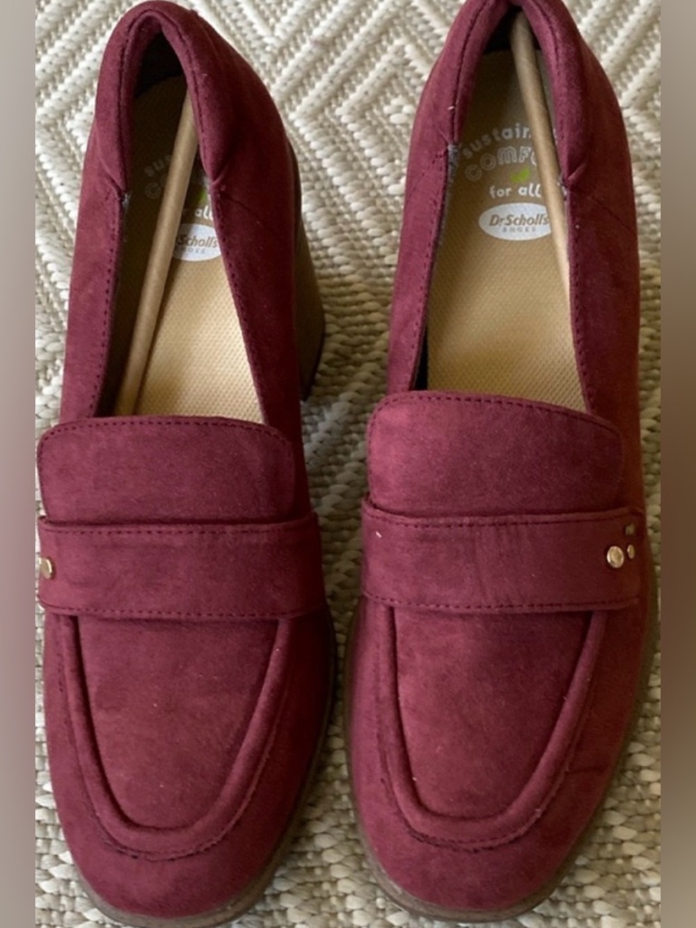 Dr Scholls  burgundy suede stacked heels square toes casual work loafers shoes